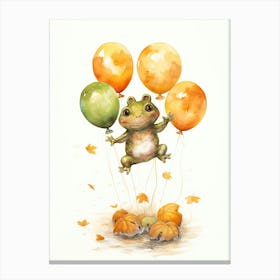 Frog Flying With Autumn Fall Pumpkins And Balloons Watercolour Nursery 2 Canvas Print