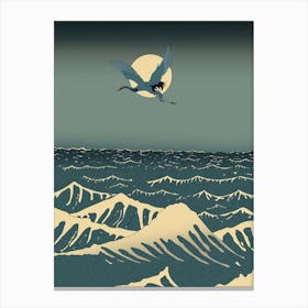 Crane Bird Flies Over The Ocean Canvas Print