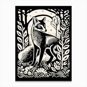 Linocut Fox Illustration Black 13 Canvas Print