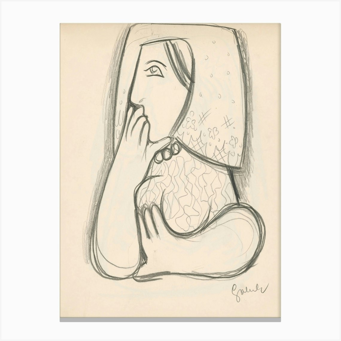 A Woman In A Flowered Scarf With Her Chin Supported, Mikuláš Galanda Canvas Print by Fy! Classic Art Prints and Posters