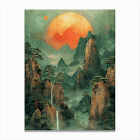 Asian Landscape in green orange Canvas Print