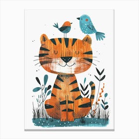 Small Joyful Tiger With A Bird On Its Head 6 Canvas Print