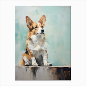 Corgi Dog, Painting In Light Teal And Brown 2 Canvas Print