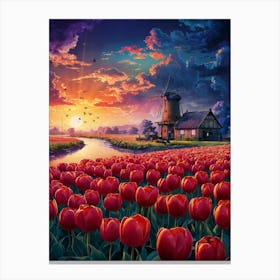 Lofi Anime Art: Vibrant tulip field at sunset with a rustic windmill reflected in the calm water. Bold colors and serene countryside elements evoke peaceful, dreamy vibes. Canvas Print