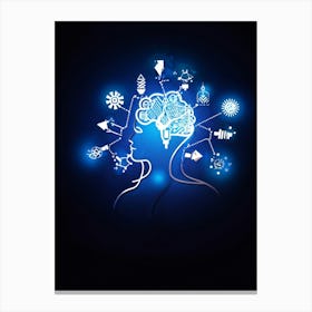 Abstract Concept Art Of A Silhouetted Head Outlined Against A Backdrop Of Light Bulbs And Gears Sym 2 1 Canvas Print