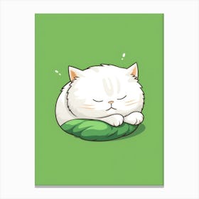 White Cat Sleeping On Green Leaf Canvas Print