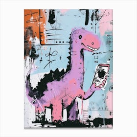 Dinosaur On A Smart Phone Pink Lilac Graffiti Style 4 Canvas Print