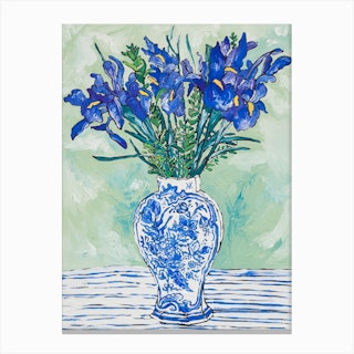 Iris Bouquet In Delft Vase Canvas Print