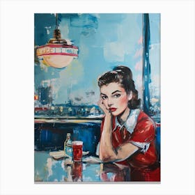 American Diner Retro Woman Portrait Red & Blue Canvas Print