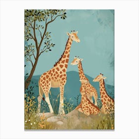 Herd Of Giraffes Resting Under The Tree Modern Illiustration 5 Canvas Print