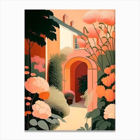 Courtyard With Peonies Orange And Pink Vintage Sketch Canvas Print