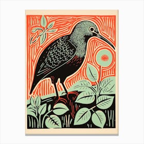 Vintage Bird Linocut Kiwi 4 Canvas Print
