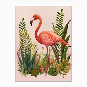 American Flamingo And Bromeliads Minimalist Illustration 3 Canvas Print