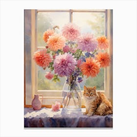 Cat With Chrysanthemum Flowers Watercolor Mothers Day Valentines 1 Canvas Print