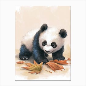 Giant Panda Cub Playing With A Fallen Leaf Storybook Illustration 2 Canvas Print