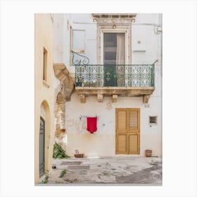 Italian Alleyway With Balcony And Red Shirt Canvas Print
