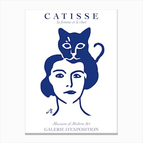 Matisse Catisse Woman With Cat Blue Fun Wall Art Blue Line Art Face Canvas Print