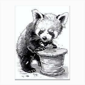 Red Panda Cub Playing With A Beehive Ink Illustration 4 Canvas Print