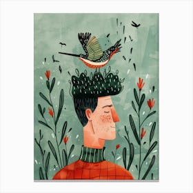 Illustration Of A Man With A Bird On His Head Canvas Print