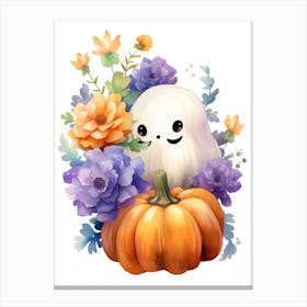 Cute Ghost With Pumpkins Halloween Watercolour 3 Canvas Print