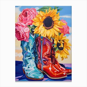 Oil Painting Of Sunflower Flowers And Cowboy Boots, Oil Style 4 Canvas Print