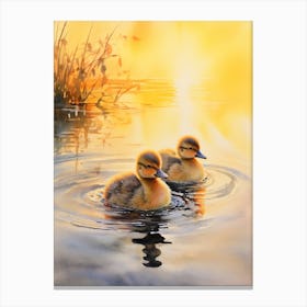 Ducks Swimming In The Lake At Sunset Watercolour 2 Canvas Print