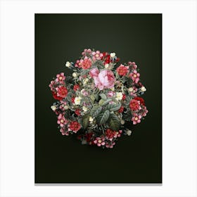 Vintage Pink Cabbage Rose de Mai Flower Wreath on Olive Green n.1512 Canvas Print