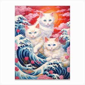 The Great Wave Off Kanagawa White Cats Kitsch Canvas Print