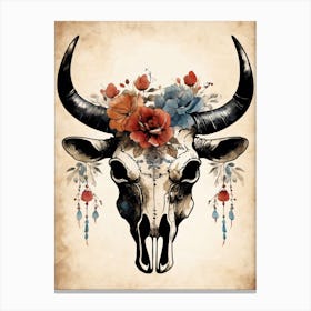 Vintage Boho Bull Skull Flowers Painting (38) Canvas Print