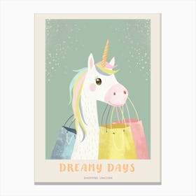 Pastel Storybook Style Unicorn With Shopping Bags 1 Poster Canvas Print