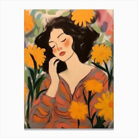 Woman With Autumnal Flowers Marigold 1 Canvas Print