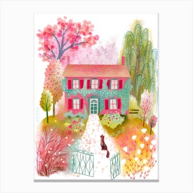 French Country Garden House With Cat Canvas Print