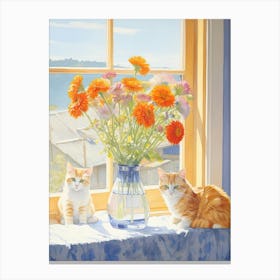 Cat With Daises Flowers Watercolor Mothers Day Valentines 7 Canvas Print