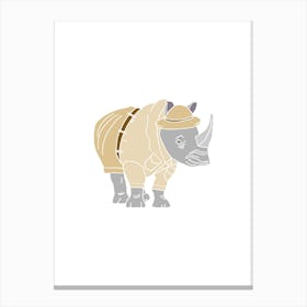 Rhinoceros In Safari Ranger Uniform, Fun Safari Animal Print, Portrait Canvas Print