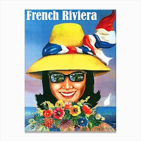 French Riviera, Happy Woman With Yellow Hat And Flowers Canvas Print