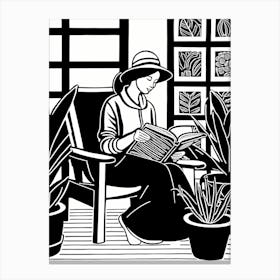 Lino cut Inspired black and white Reading In the Garden Art, Garden Girl Art, Gardening reading, 230 Canvas Print
