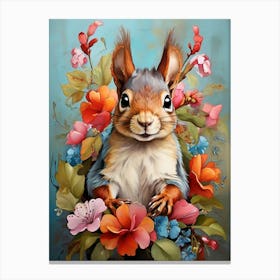 Squirrel With Flowers art print 1 Canvas Print