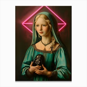 Lady with Dark Vador and pink neon, altered pop ancient oil painting Canvas Print