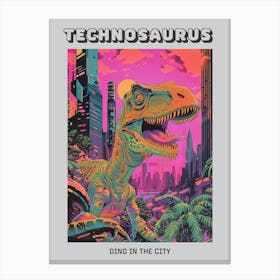 Neon Dinosaur Cityscape Portrait Poster Canvas Print