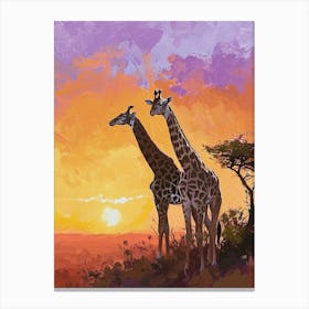 Two Giraffes At Sunset Purple 3 Canvas Print