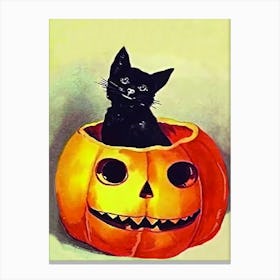 Little Black Cat In A Carved Pumpkin Canvas Print