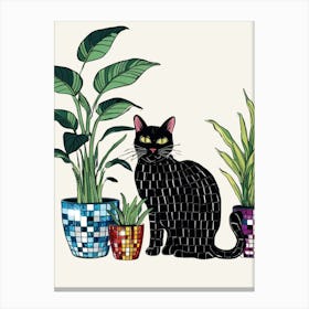 Black Cat With Potted Plants 1 Canvas Print