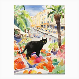 Food Market With Cats In Monaco 1 Watercolour Canvas Print