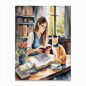 Girl Reading Book With Cat Canvas Print