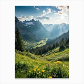 A Panoramic View Of A Dynamic Alpine Landscape Transitioning From Spring To Summer Featuring Idylli (4) Canvas Print