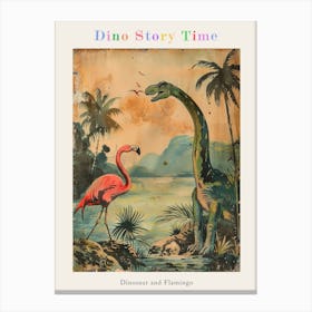 Vintage Flamingo & Dinosaur Illustration Poster Canvas Print