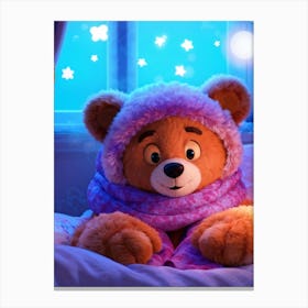 Cartoonish Bear Character Named Bedtimebear Lounging In A Fluffy Bed Adorned With A Vibrant Scarf Canvas Print