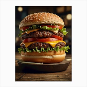 Large Hamburger On Wooden Table Canvas Print