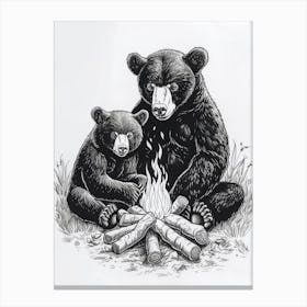 Malayan Sun Bear Sitting Together By A Campfire Ink Illustration 3 Canvas Print