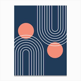 Mid Century Modern Geometric In Navy Blue And Coral (Rainbow And Sun Abstract) 01 Canvas Print